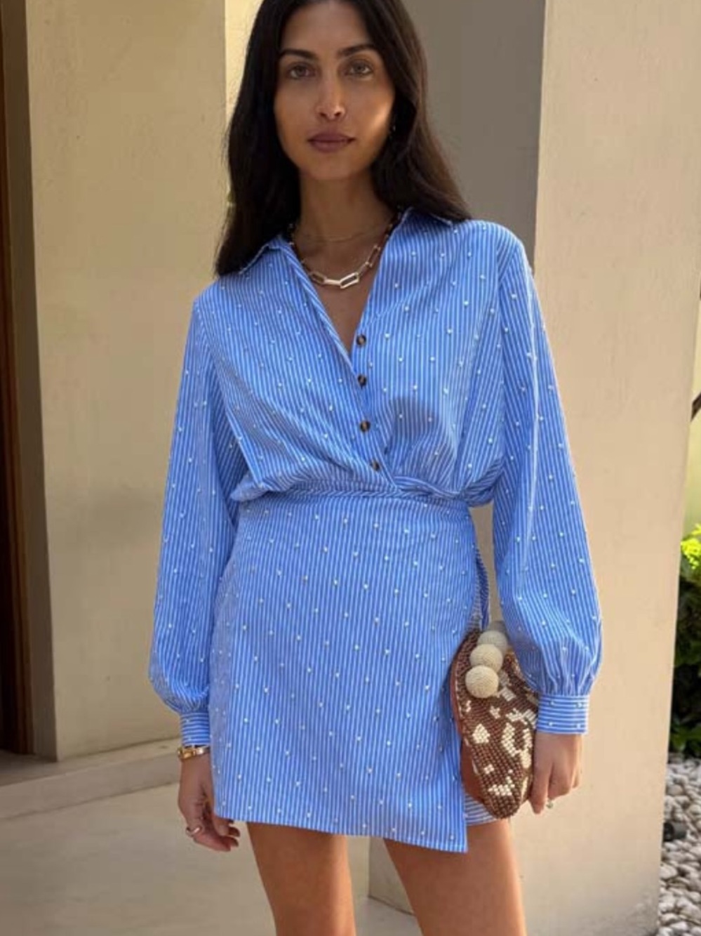 Never Fully Dressed Light Blue Striped Mini Shirt Dress